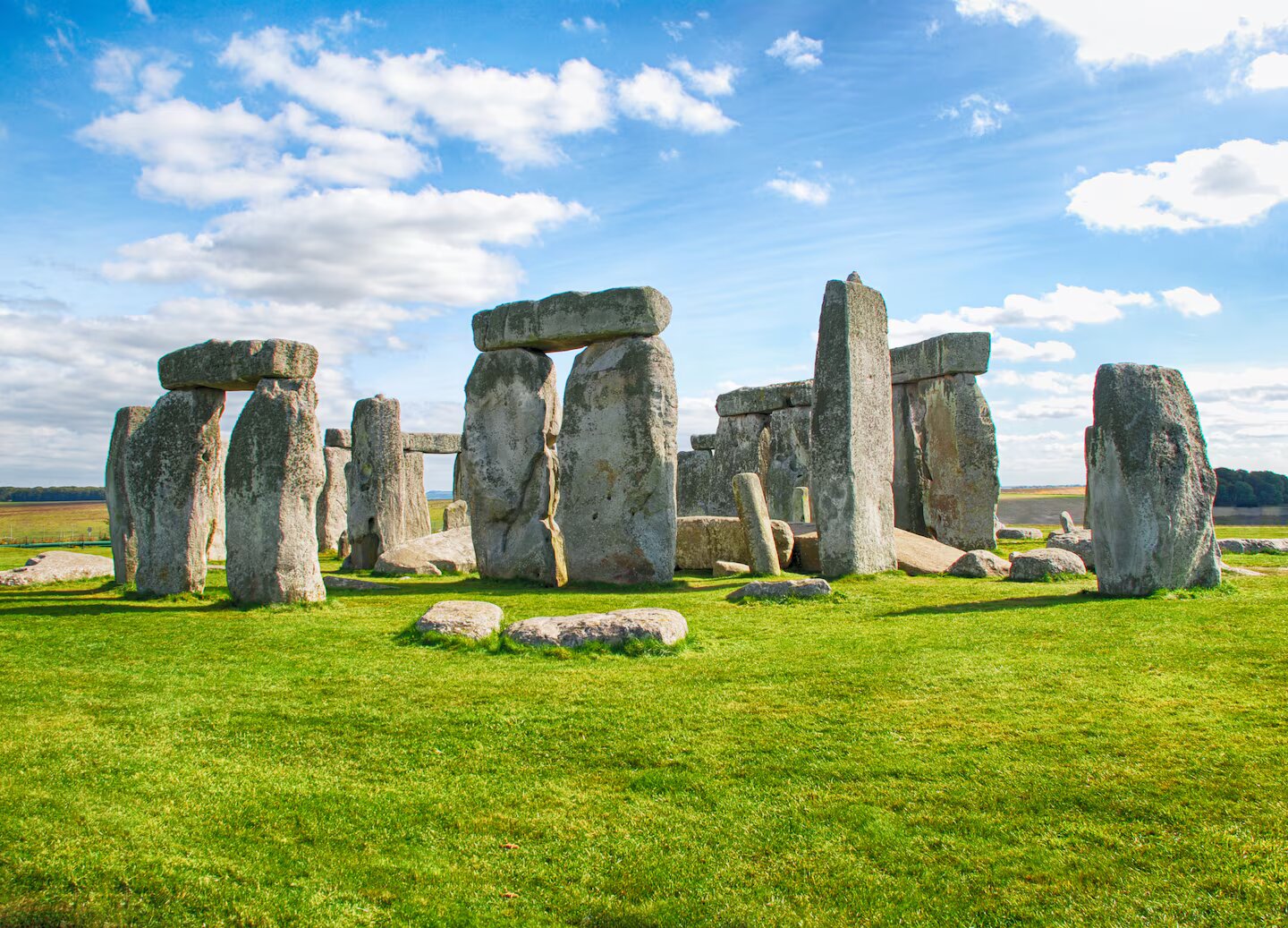 Stonehenge standing stones against a blue sky, Wiltshire.