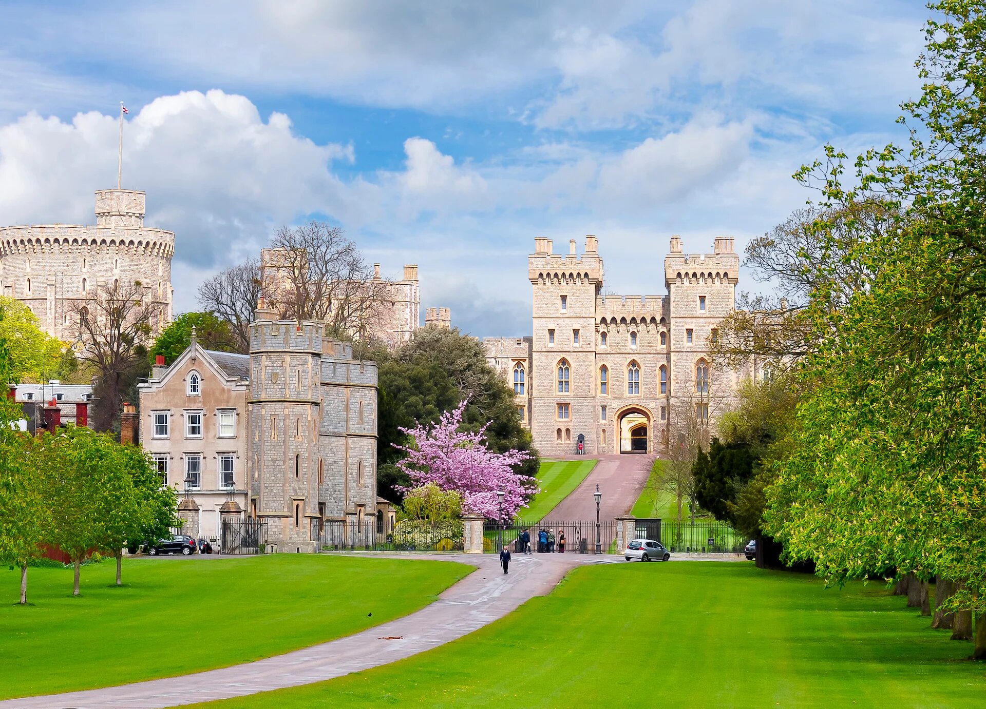 Windsor Castle and the Long Walk in spring with blossom trees.