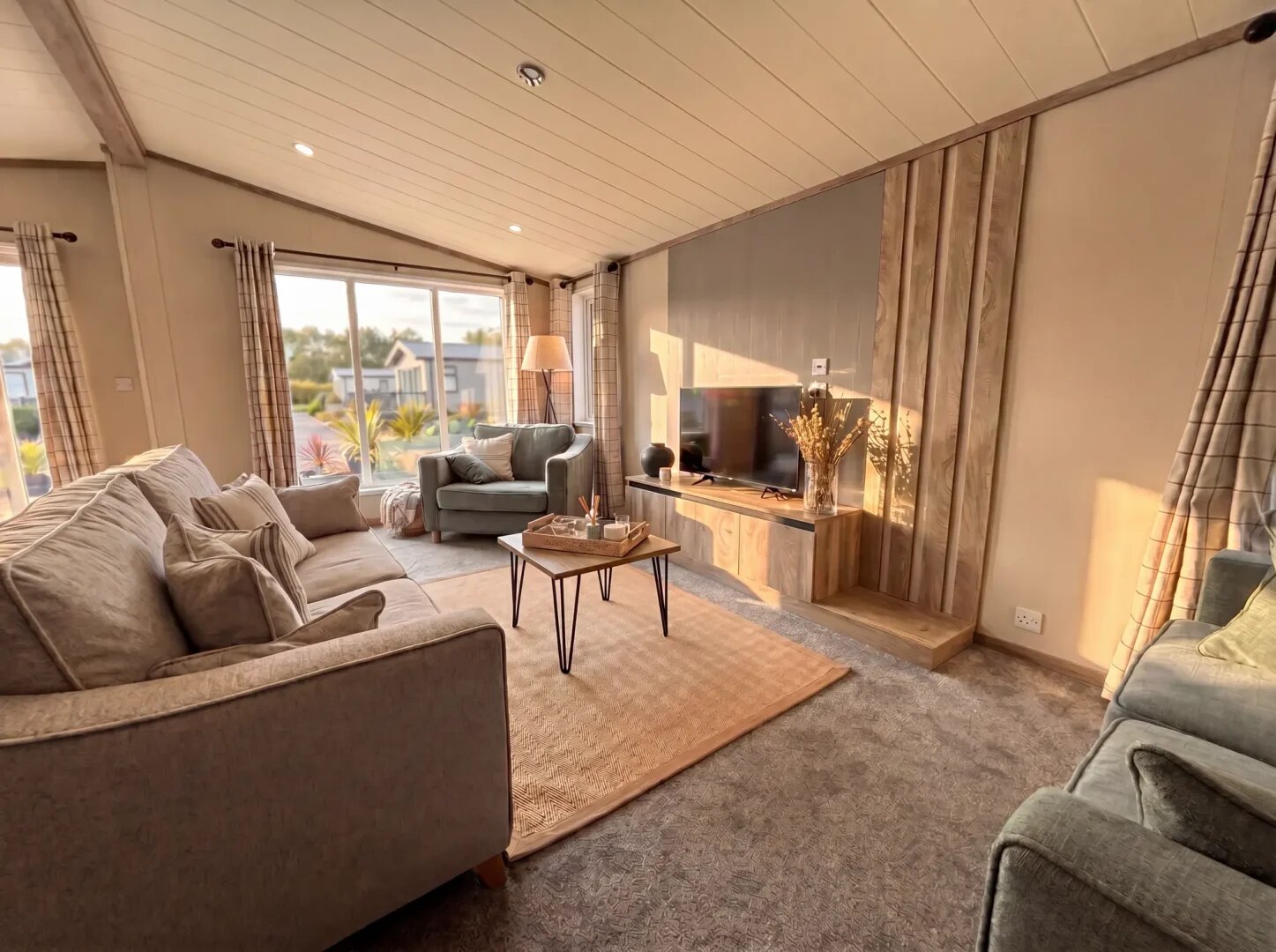 A bright lodge interior with a full-size bath and neutral finishes.