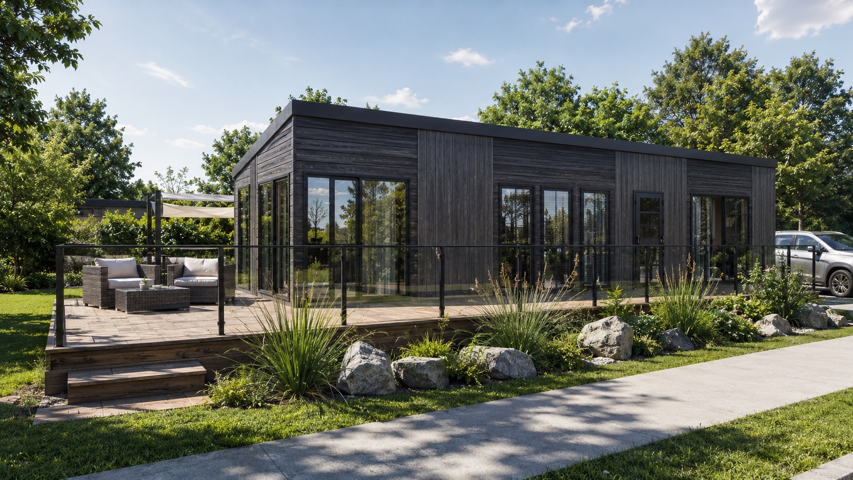 Timber-clad bungalow exterior with glazed corner and deck.