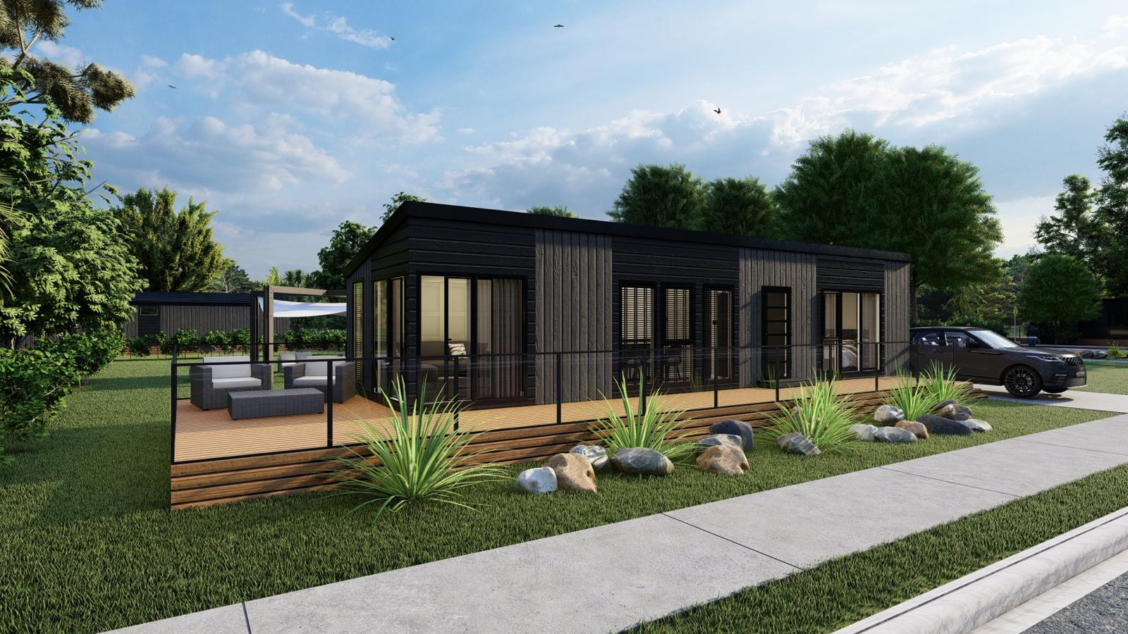 Rendered exterior of a larger family home with deck and landscaped garden.