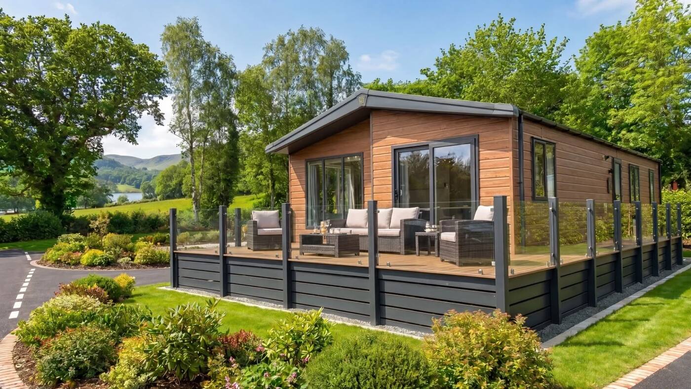 Cedar-clad lodge with glazed gable and wraparound deck.