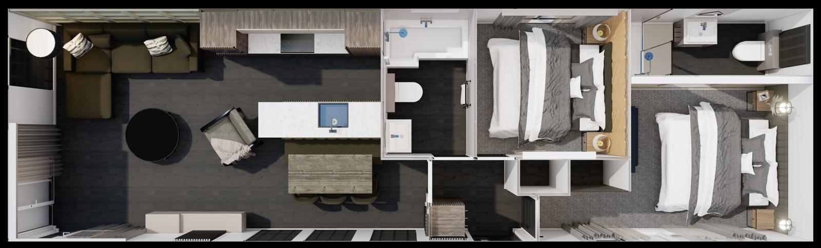 Two-bedroom floorplan showing open-plan living and both en suites.