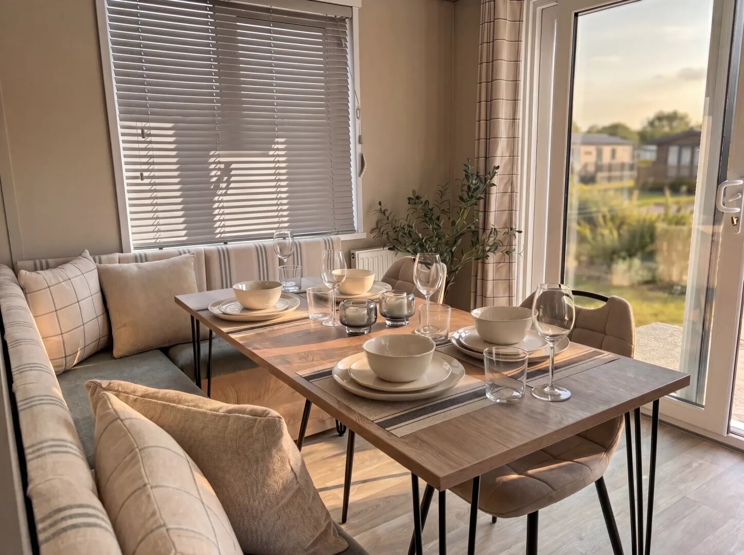 A lodge dining area beside full-height glazing opening to the deck.
