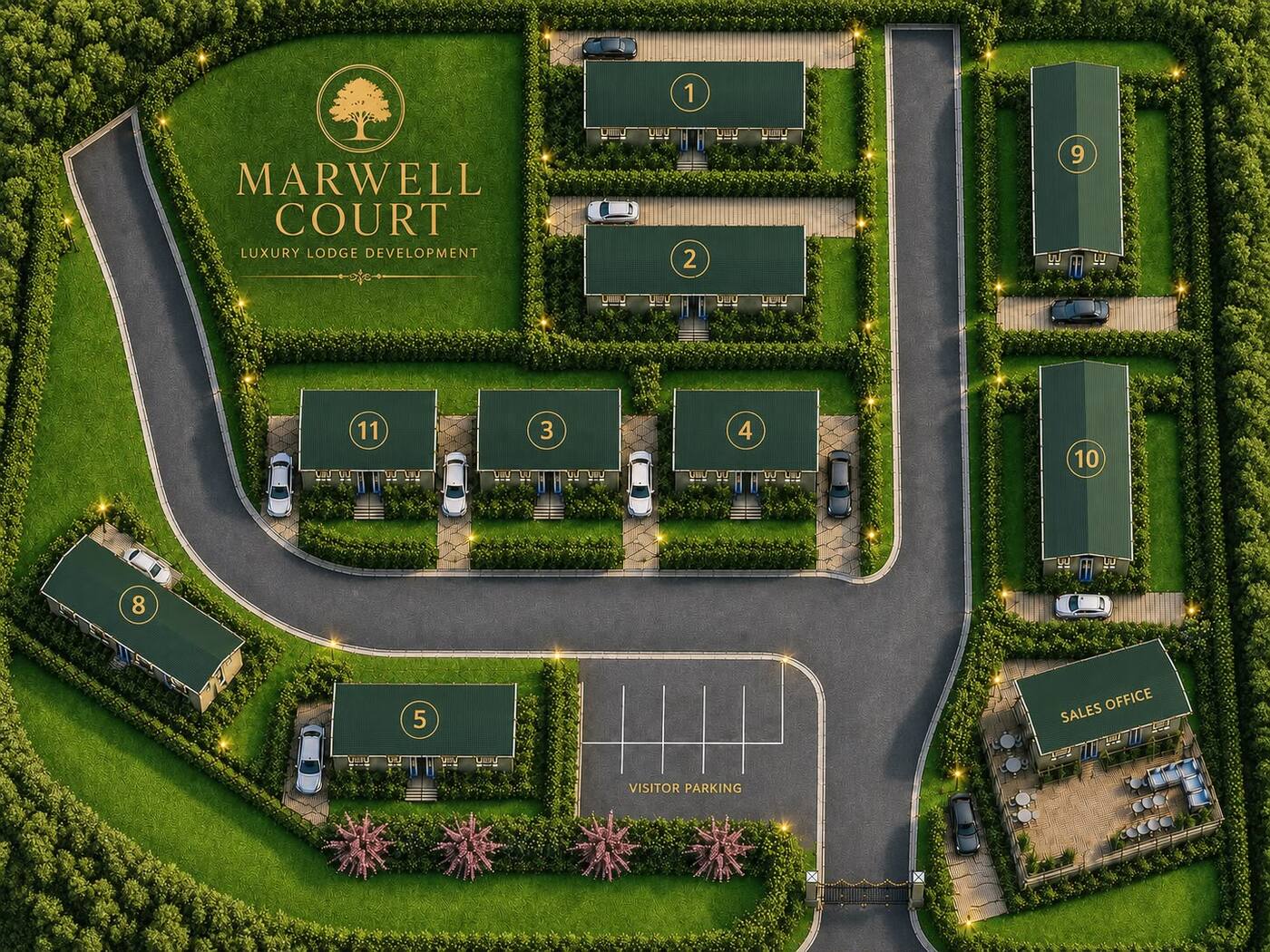 Illustrated aerial site plan of Marwell Court phase one showing eleven numbered lodge plots, private drives, visitor parking and the sales pavilion.