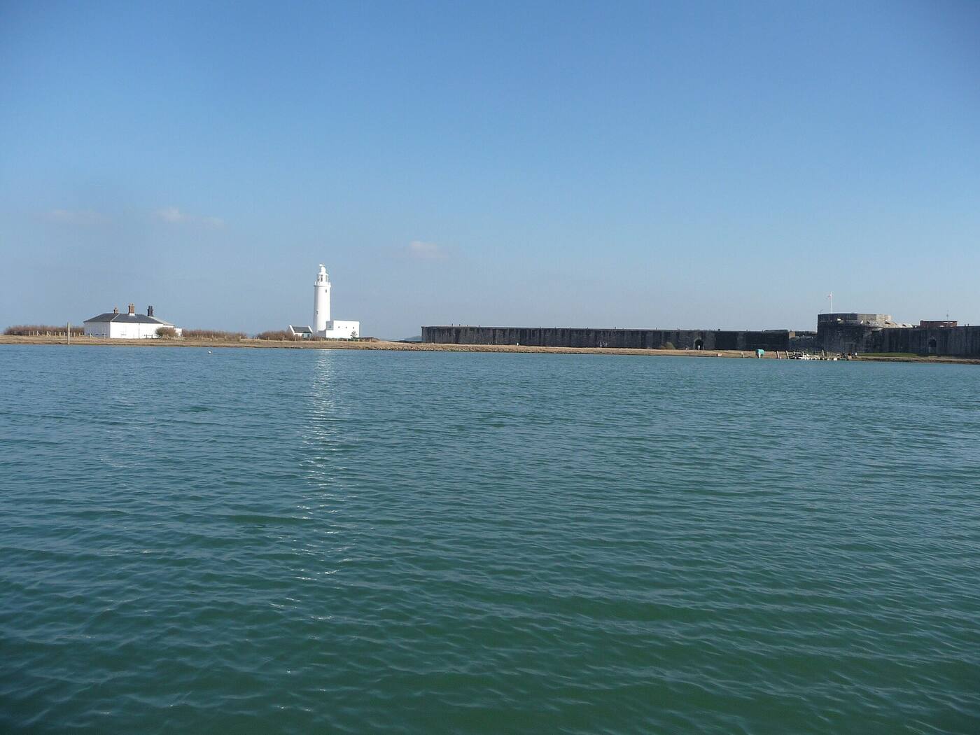 The Solent and Hurst Castle spit on a clear day.